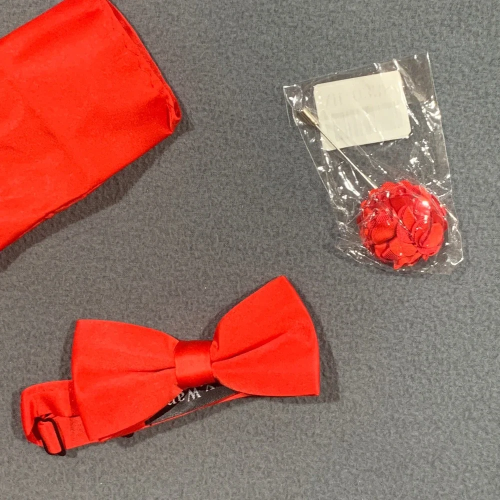 Barry.Wang Vest Set Men XXXL Red Silk Tie Bowtie Cufflinks Formal Wedding Suit